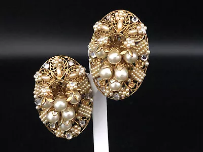 Antique Miriam Haskell Style Gold Tone Faux Pearls & Rhinestone Clip Earrings • $19.99