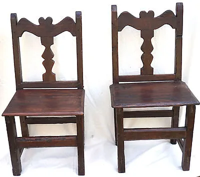 Antique Folk Art Pair Rustic Spanish Carved Wood Chairs Baluster Heart 17th C • £435.49