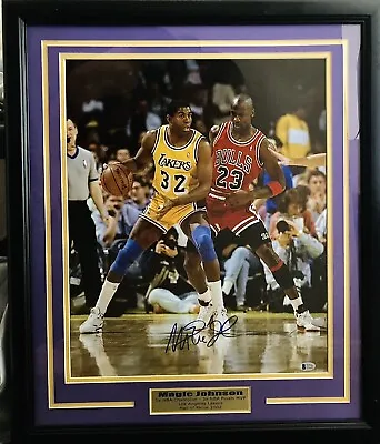 LAKERS MAGIC JOHNSON AUTOGRAPHED 16x20 Picture In 22x26 Frame W/ BECKETT C.O.A. • $150