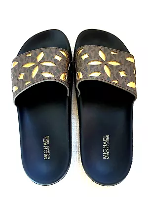 MICHAEL KORS Mimi Slide MK Monogram Brown Leather Gold Insert 6 M Shoe Sandal • $17.50