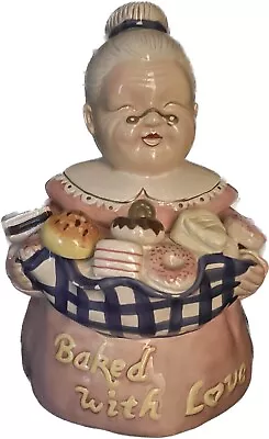 Vintage Ceramic Cookie Jar Baked With Love Grandma Pink 11  Tall X 7  Round • $37