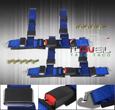 2  Pair Jdm 4 Point Seat Belt Harness Buckle Blue Nylon Quick Strap Lock • $34.99