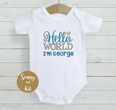 £6.95 • Buy Personalised Baby Vest Bodysuit, Embroidered Clothes, Boy Gift, Hello World