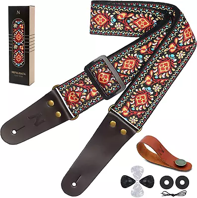 Vintage Guitar Strap Cotton Embroidered With Leather Ends - Red Flower • $19.99