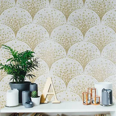 Tan White Gold Metallic Faux Scale Mosaic Tiles Wallcoverings Textured Wallpaper • $70.77