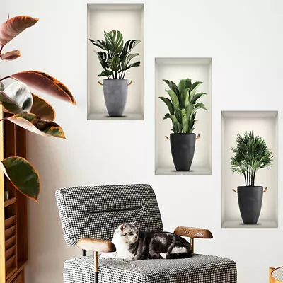 NEW 3 Sheets Green Plant Potted Plant Wall Sticker 3D False Window Wall Decals • £3.99