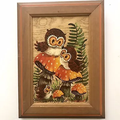 VTG Owls & Mushrooms Framed Painting On Wood 1960s 1970s Pat Wilson Original   • $134.50