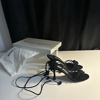 Y2K Manolo Blahnik Black Suede Flower Lace-Up Sandals Kitten Heels Size 5.5 / 6 • $550