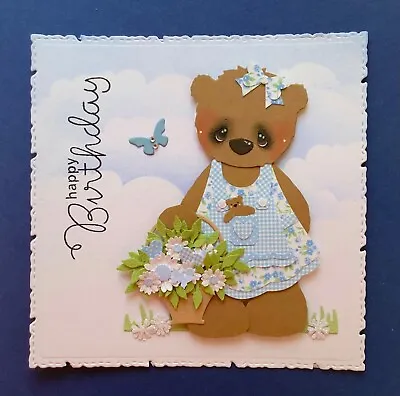 £2.20 • Buy Handmade Birthday Card Topper Ooak Teddy Basket Of Flowers Pretty Dress   B