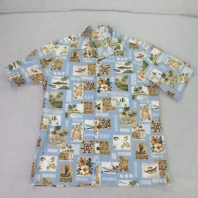 Vintage Hilo Hattie Hawaiian Shirt Mens Large Blue Floral Tribal Turtle Island • $18.84