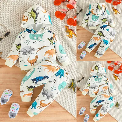 Toddler Baby Boys Dinosaur Print Tracksuit Hoodies Tops Pants Outfit Set Clothes • £8.29