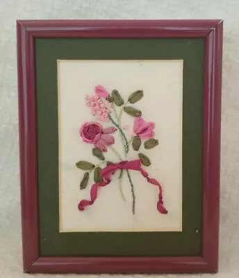 Vintage Embroidered Pink Floral  Framed Picture 5.25  Tall 4.25  Across 1  Wide • $19.95