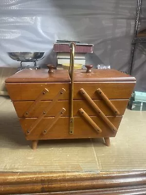 VTG Wood Wooden Accordion Fold Out Sewing Box Basket  12.5x7x11.5 • $85