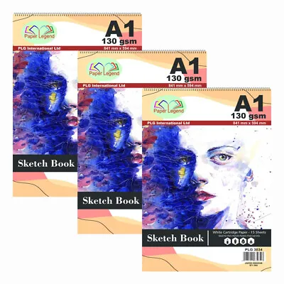 3 X A1 Sketch Pad 15 Sheet 130 Gsm Spiral Double Sided White Cartridge Art Paper • £20.79