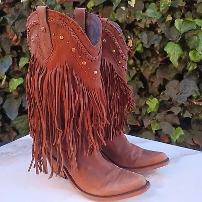 Liberty Black Studded Fringe Western Cowboy Boots Women's Size 8.5 Brown • $135