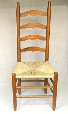 Vintage Farmhouse Wooden Ladder Back Pencil Legs Chair Woven Rush Seat • $59.99