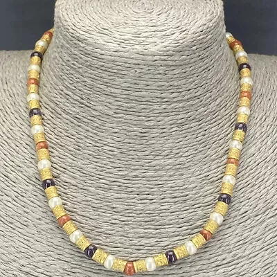 Misaki Necklace Faux Pearl Sand Goldstone Beads Multicoloured Gold Tone • $14.92