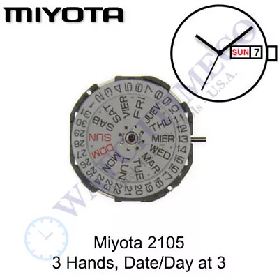 Genuine Miyota 2105 Watch Movement Japan 3 Hands Date/Day At 3 • $12.39