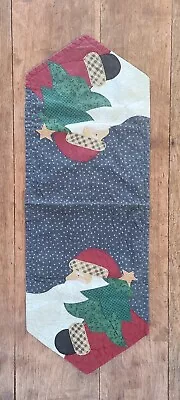 Vintage Christmas Table Runner Santa Holding Tree Patchwork Stars On Blue Fabric • $11.99