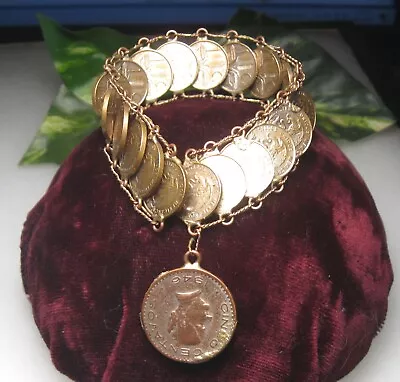 Vintage Signed Mexico 1957 1 Centavo Coin Bracelet W/ 1946 Cinco Centavos Dangle • $8.42