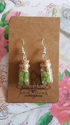 Peridot Chippings Spellbottle Charmed Silver Plated Hook Fastening Drop Earrings • £3.99