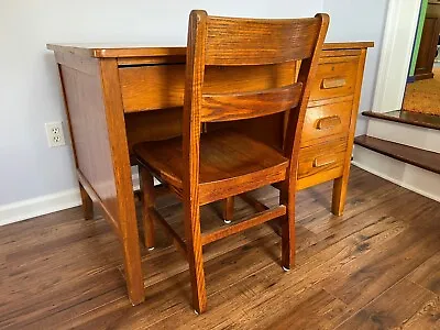 Antique Vintage Solid Oak 4-drawer Desk W/ Chair • $250