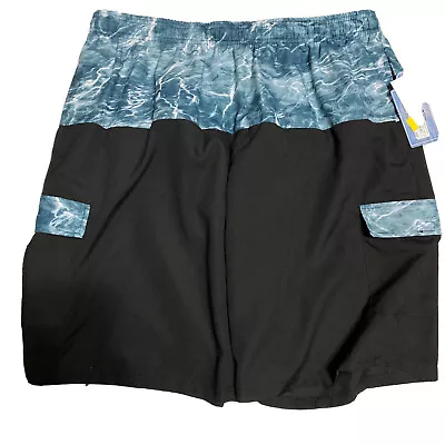 Mossy Oak Men’s L Fishing Elements Swim Cargo Shorts Black/Aqua Water Camo NWT • $15.99