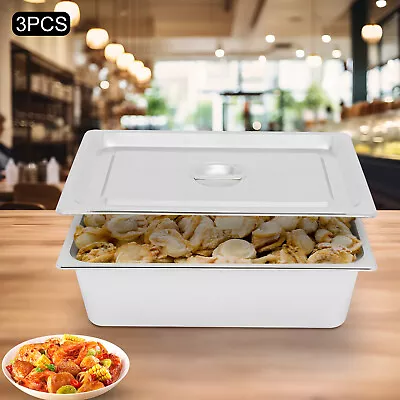 3 Pcs-6 Inch Deep Steam Table Pans With Lid  Full Size Stainless Steel Hotel Pan • $69.56