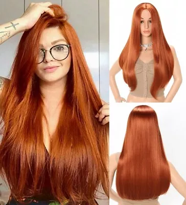 US 24inch Cosplay Wig Fashion Copper Red Silky Straight Synthetic Hair Women • $15.99