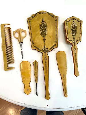 Vintage 7 Piece Art Deco Celluloid Bakelite Vanity Set Brush Mirror Nail Horn • $60