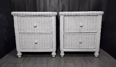 Vintage Pair Of White Wicker Rattan 2-Drawer Nightstands Table Boho Chic Cottage • $360