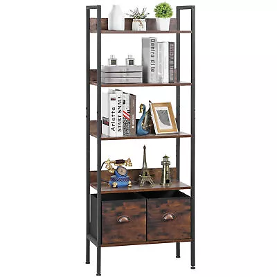 5 Shelf Bookcase Vintage Home Storage Bookshelf With Drawers And Metal Frame • $53.58