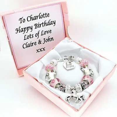 Girls Horse Pony Bracelet PERSONALISED BOX Pink Beads Charms Jewellery Gifts • £11.69
