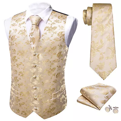 Barry Wang Mens Waistcoat Silk Paisley Floral Solid Vest Tie Set Wedding Vest • $24.99