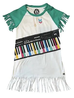 Mini Shatsu Girls Piano & Peace Necklace Graphic Fringe Short Sleeve Dress 6 • $24.99