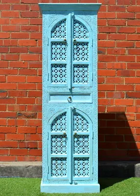 $1080 • Buy Antique Shabby Chic Sandblasted Blue Hand Carved Mehrab Tall Cabinet Cupboard