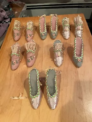 12 Vintage Victorian Shoe Tree Ornaments Porcelain Cloth Lace NEED GLUE REPAIRS • $20