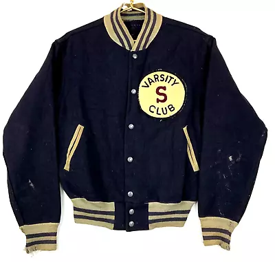 Vintage 30s 40s Varsity S Club Wool Varsity Bomber Jacket Small Blue Distressed • $152.99