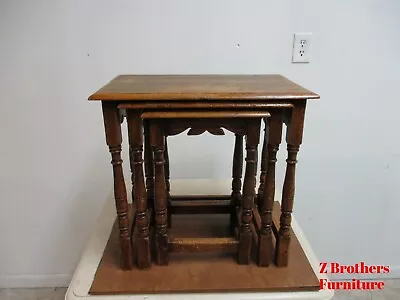 3 Piece Antique English Old World Oak Nesting End Tables Stand • $530.10