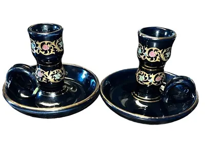 Rare  2 Manousakis Keramik  Black Candle  Holders  Floral  24 Kt Gold Greece • $9.99