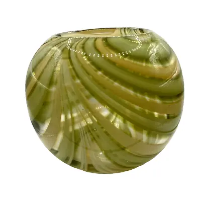 Vintage Handblown Art Glass Spiral Green Swirl Round Fish Bowl Vase • $44.50