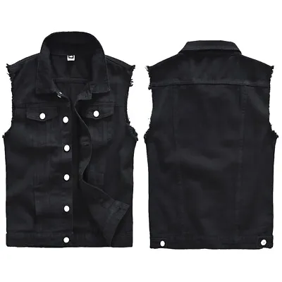 Men Casual Denim Biker Waistcoat Gilet Sleeveless Jeans Vest Tops Ripped Jacket • $54.99