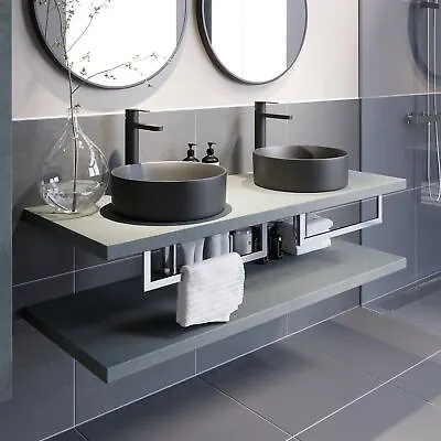 £469 • Buy Bathroom Wall Hung Floating Shelf Wash Basin Sink Towel Rail Storage Grey 1100