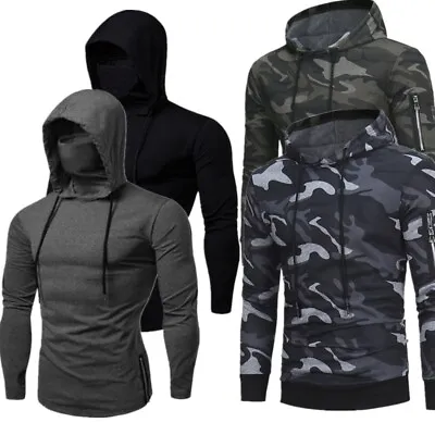 Mens Slim Fit Turtleneck T-Shirt Long Sleeve Mouth Outdoor Drawstring Hoodie • $6.64