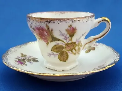 UCAGCO Moss Rose Demitasse Cup And Saucer Pink Floral Gold Trim Mid-Century • $10