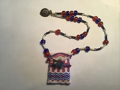 Seed Beaded Necklace Amulet Sachet Medicine Pouch Red White And Blue Bag • $16