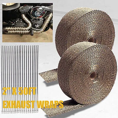 2 Rolls Titanium Exhaust Wrap Kit Lava Fiber 2  X 50 Ft With Stainless Ties • $24.79