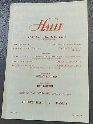 1960 Ida Kreem Piano Halle Orchestra Program Victoria Hall Hanley Herman Lindars • £3