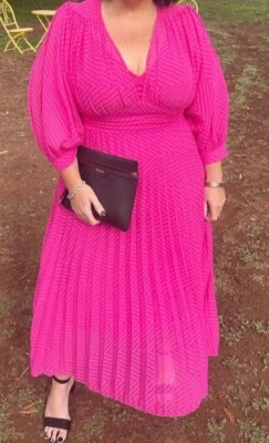 $80 • Buy ASOS Womens Midi Hot Pink Pleated Chevron Print Dress, Size 14, Zip Back 