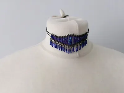 Costume Jewellery Statement Necklace Blue Purple Beaded Choker • £7.85